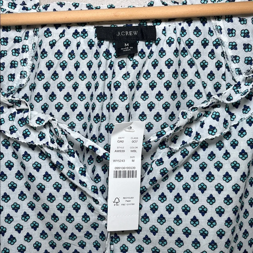 J.Crew Tie-front Ruffle Top in Blue Ribbon Block Print Organic Cotton NWT Medium - Picture 3 of 10